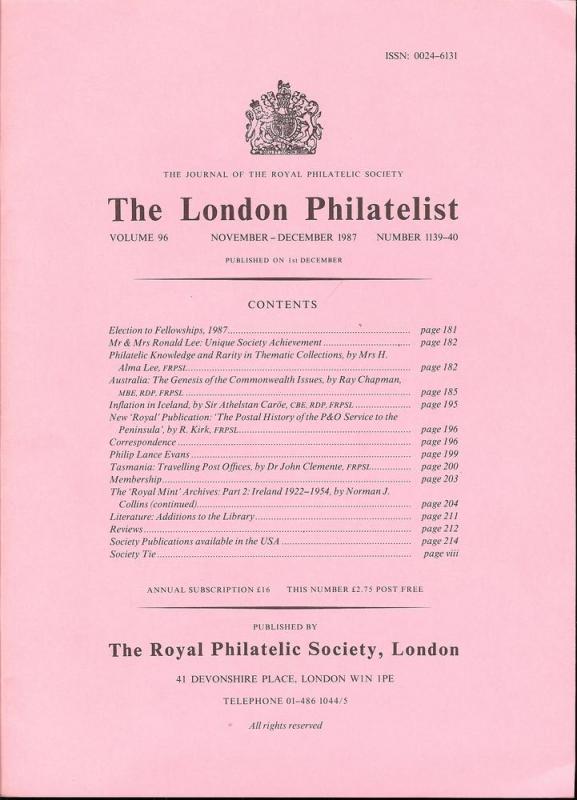The London Philatelist: Vol. 96, Number 1139-40,