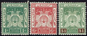 KELANTAN 1921 ARMS 1C 6C AND $1 WMK MULTI SCRIPT CA