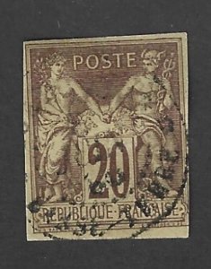 French Colonies Scott 34 Used 20c Peace & Commerce Imperf stamp  2019 CV $9.50