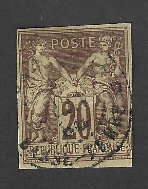 French Colonies Scott 34 Used 20c Peace & Commerce Imperf stamp  2019 CV $9.50