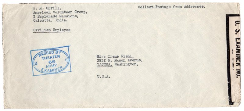 Collect postage censored, American Volunteer Group (Flying Tigers) India 1942