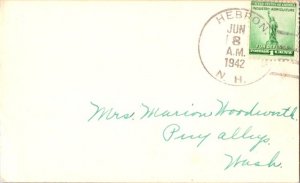 United States New Hampshire Hebron 1942 4c-bar  1909-1938  Postal Card  Phila...
