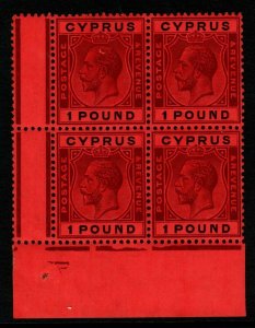 CYPRUS SG102 1924 £1 PURPLE & BLACK/RED BLOCK OF 4 MNH (1x VLMM)