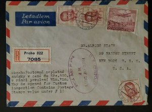 1948 Prague Czechoslovakia to New York Duty Free Stamp Registered Air Mail Cover