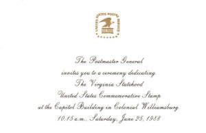 USPS First Day Ceremony Invitation #2345 Virginia Statehood 1988