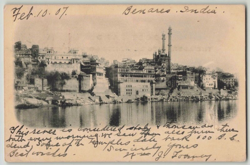 India 1907 Banares Postcard to Ontario Canada Missent to River View