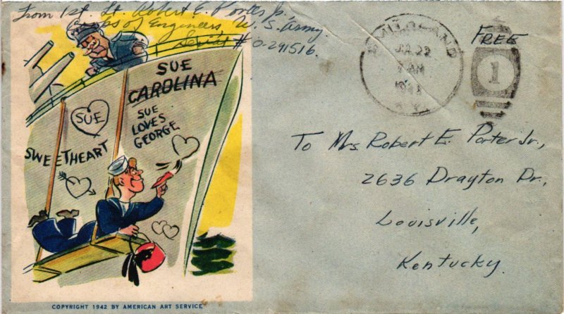 1943 Smithland, KY - WW 2 Patriotic – Sue Carolina – American Art Service Cachet