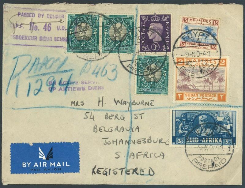 Egypt GB SUDAN S.AFRICA Cover TRIPLE MIXED WW2 FRANKING 1941 Allied Forces MC5