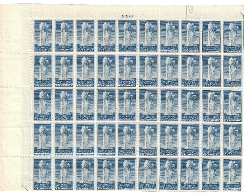 US 744, Plate 21278 TM, MNH Sheet of 50 - 5c Yellowstone stamps. BCV $100.00 