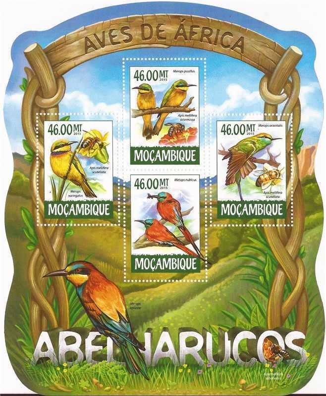 Mozambique - 2015 Bee-eaters on Stamps - 4 Stamp Sheet - 13A-1615
