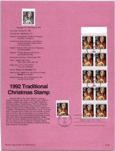 USPS SOUVENIR PAGE TRADITIONAL CHRISTMAS STAMP BOOKLET PANE OF (10) + (1 S) 1991
