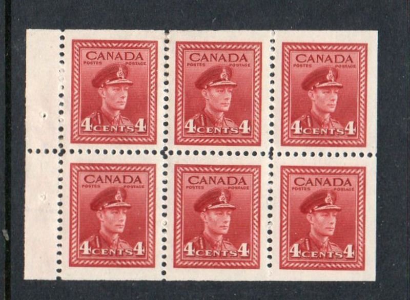 Canada Sc 254a  1943 4 c  dark carmine   G VI booklet pane of 6 mint