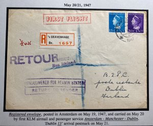 1947 The Hague Netherlands First Flight Airmail Cover To Dublin Ireland