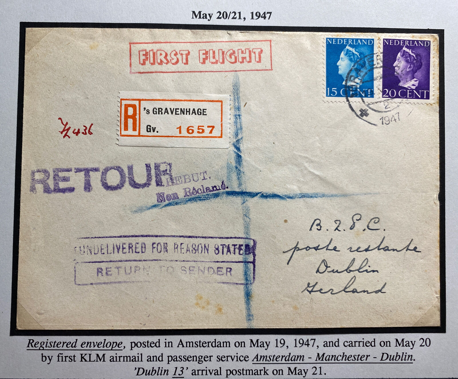 waarheid Koninklijke familie sigaar 1947 The Hague Netherlands First Flight Airmail Cover To Dublin Ireland |  Europe - Netherlands & Colonies, Stamp / HipStamp