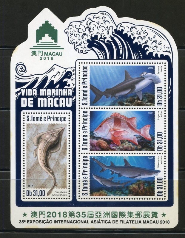 SAO TOME  2018  MARINE LIFE OF MACAU INT'L  PHILATELIC EXPO  SHEET  MINT NH