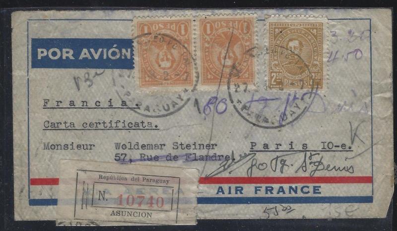 PARAGUAY  (PP2604B)  1937 A/M 1PX2+2.5P+3P+10P+20C REG TO FRANCE