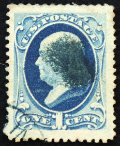 U.S. Used Stamp Scott #206 1c Franklin Jumbo (corner crease). Blue Cancel. Nice!