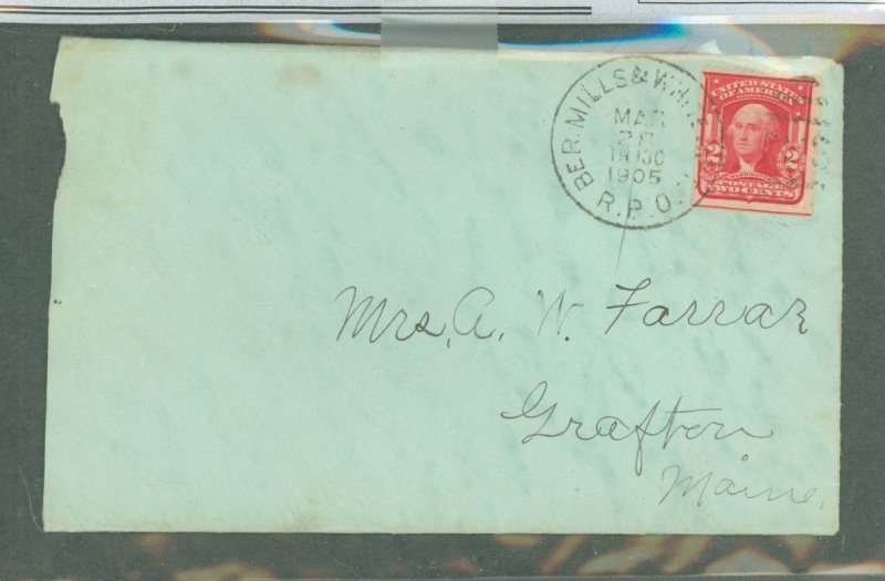 US 319 1905 RPO cancel on cover addressed to grafton, me, mar 28, 1905, berlin mills & whitefield junction, via maine central rr