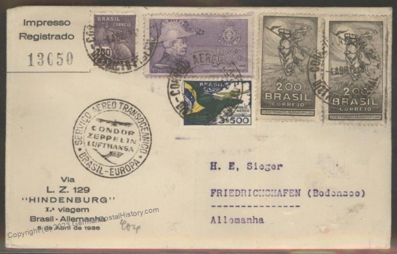 Brazil 1936 Hindenburg Zeppelin Mi10A Flown Registered Cover Beuerle Esta 112501