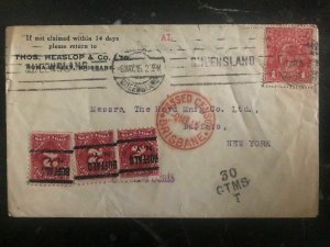 1915 Brisbane Australia Postage Due Censored Cover To New York USA