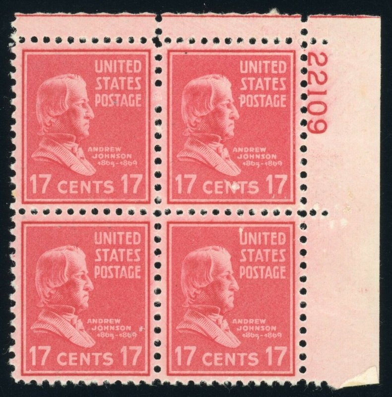 US Stamp 822 Andrew Jackson 17c - Plate Block of 4 - MNH - CV $5.00