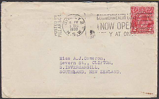 AUSTRALIA 1930 GV 2d on cover Sydney to NZ : Posted in Pillar Box slogan...57266