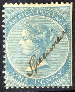 Jamaica SG1 1d Blue wmk Pineapple with Manuscript Specimen M/M