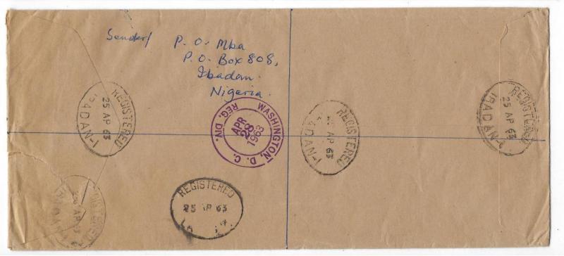 1963 Nigeria To USA Registered Airmail Cover With 10 Stamps (SS47)