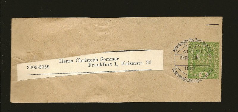 Austria Postmark 1919 Wien 101 5 Heller Green Newspaper Wrapper Entire