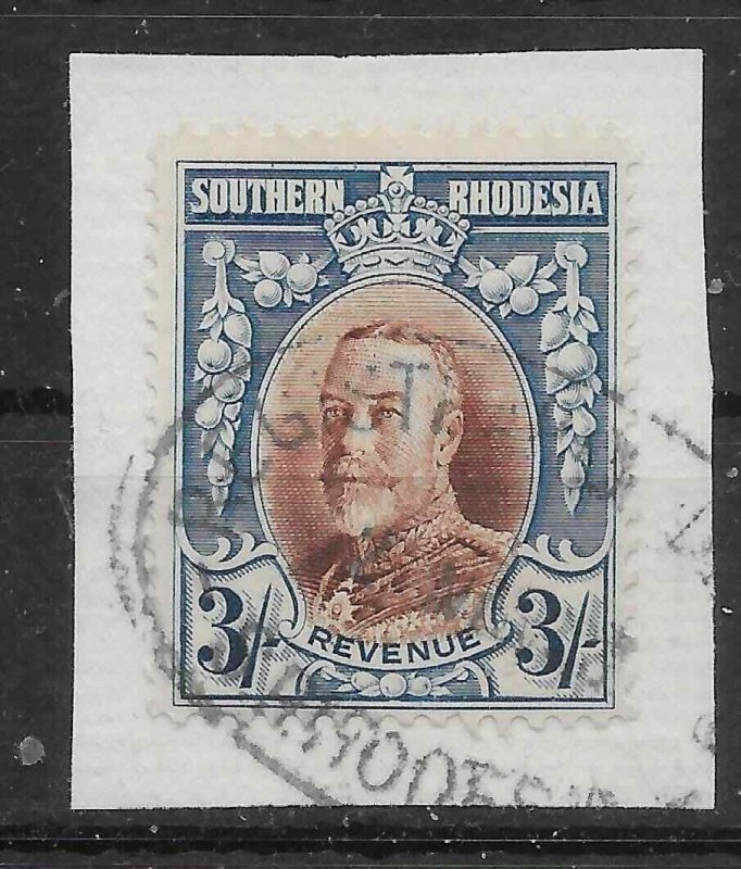 SOUTHERN RHODESIA Bft9 1931 3/= BROWN & BLUE FISCALLY USED ON PIECE