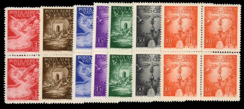 Vatican City #C9-15 Cat$203, 1947 Airpost, complete set in blocks of four, ne...