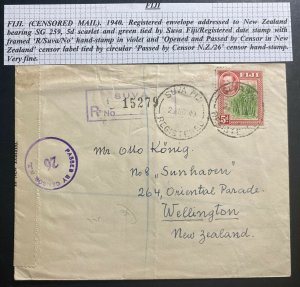 1940 Suva Fiji Censored Registered Cover To Wellington New Zealand