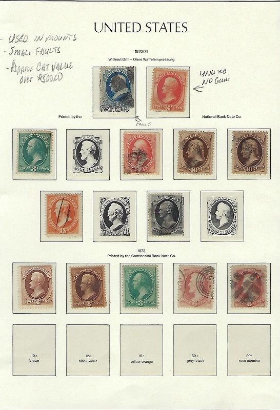 EARLY AMERICAN STAMPS 1870s IN MOUNTS ON ALBUM PAGES APPROX CAT VALUE $500+