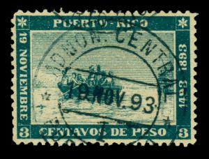 PUERTO RICO 1893  COLUMBUS landing 400th Anniversary  3c green  Sc# 133 used XF