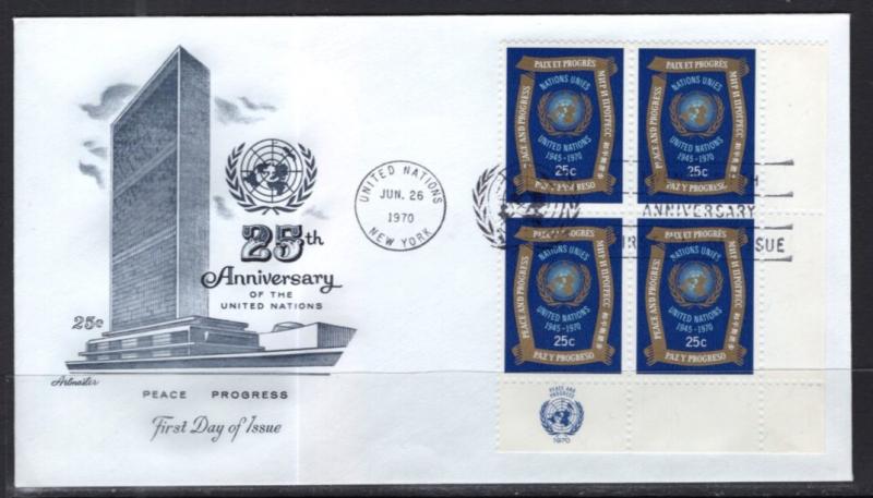 UN New York 209-211 Anniversary Plate Blocks Artmaster Set of Three U/A FDC