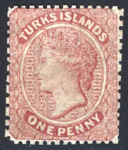 Turks Islands 1867 1d Dull Rose No Watermark Perf 14x11.5-12.5 MLH Cat-Unlisted