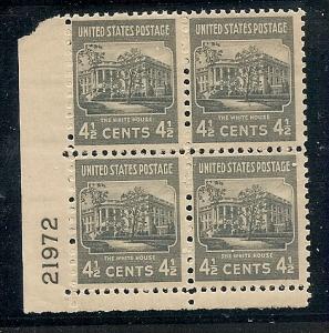 US  809 MNH 1938 4 1/2c gray White House Plate Block