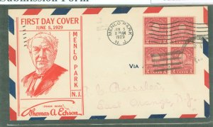 US 654 1929 2c Edison - Electric light (block of four) on an addressed (handstamp) first day cover with a Roessler cachet.