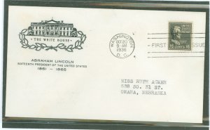 US 821 1938 16c Abraham Lincoln (part of the presidential/prexy series) single on an addressed first day cover with a House of F