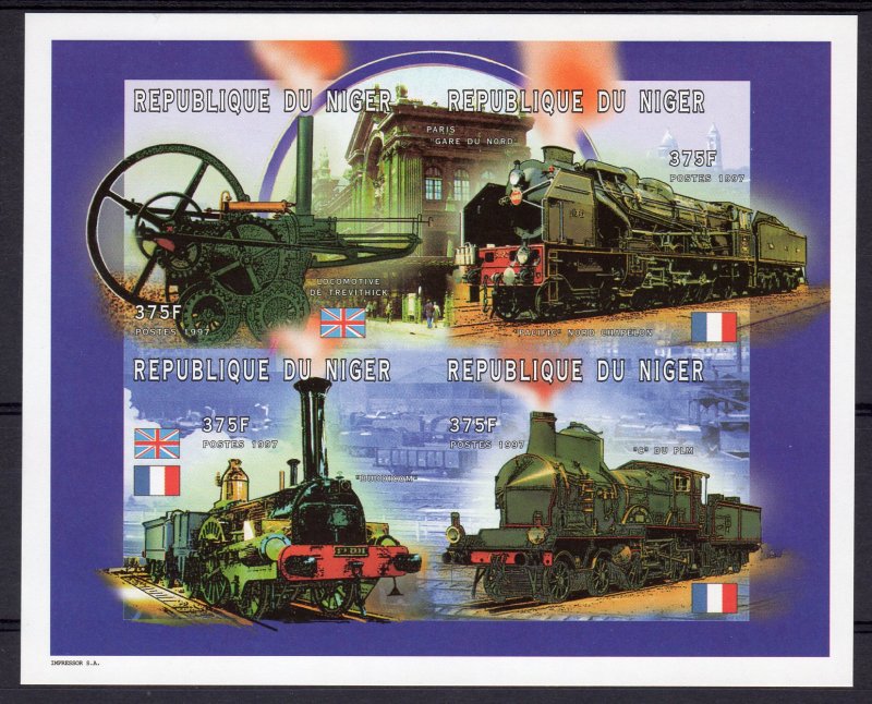 Niger 1997 Sc#956 Early Locomotives  Flags Sheetlet (4) IMPERFORATED MNH