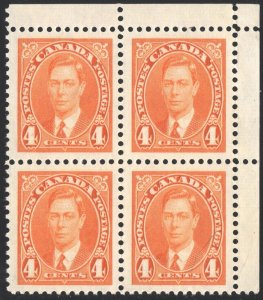 Canada SC#234 4¢ King George VI UR Corner Block of Four (1937) MNH