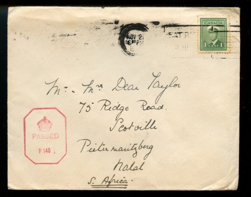 ?BLACKOUT to NATAL SOUTH AFRICA, censor 1c Printed matte war Issue cover Canada