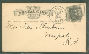 US  UX5 - Negative 8 in a Square, Postmarked Boston, Jan 29, 1880