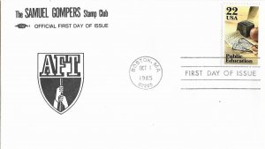 1985 FDC, #2159, 22c Public Education, Samuel Gompers Stamp Club