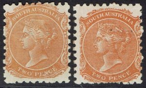 SOUTH AUSTRALIA 1876 QV 2D 2 SHADES WMK CROWN/NARROW SA PERF 10