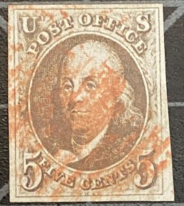 US Stamps - SC# 1 - Used  - 4 Margins - Red Cancel - W/ Cert - SCV = $850.00