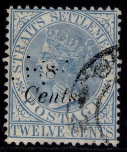 MALAYSIA - Straits Settlements QV SG74, 8c on 12 blue, USED. Cat £180. PERFIN