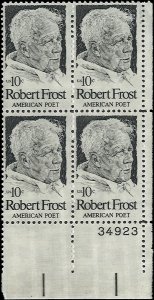 Scott # 1526 1974 10c blk  Robert  Frost ; TAGGED Plate Block - Lower Right -...