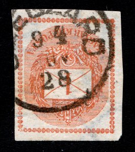 HUNGARY 1881 SCOTT #P4 NEWSPAPER 1K STAMP ORANGE IMPERF SON CDS