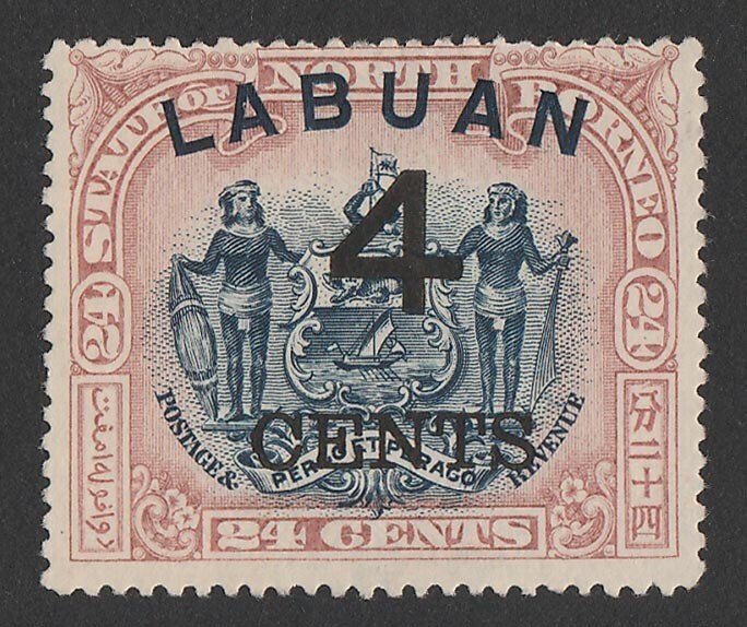 LABUAN : 1899 Large '4 CENTS' on Arms 24c blue & lilac-brown, perf 16.